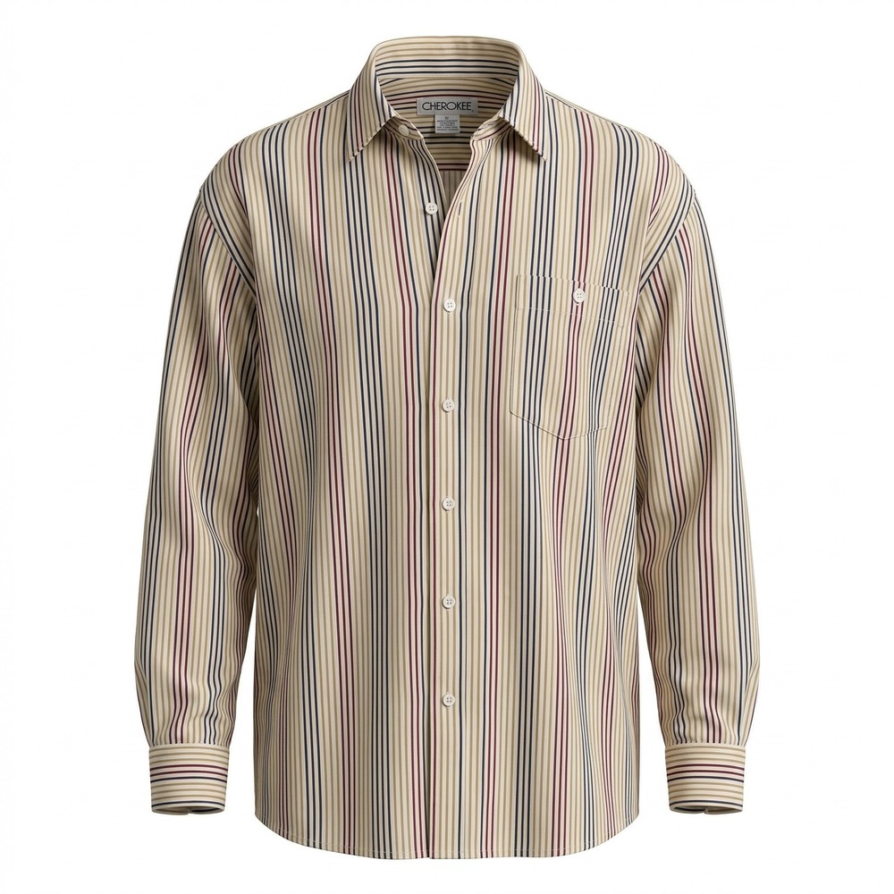 Cherokee Mens XL Long Sleeve Button Down Shirt Striped Cotton Blue Burgundy Tan